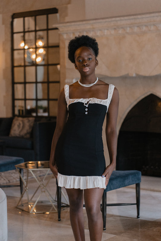 Little Black Dress with Cream Ruffle Trim - House of Tsarivna