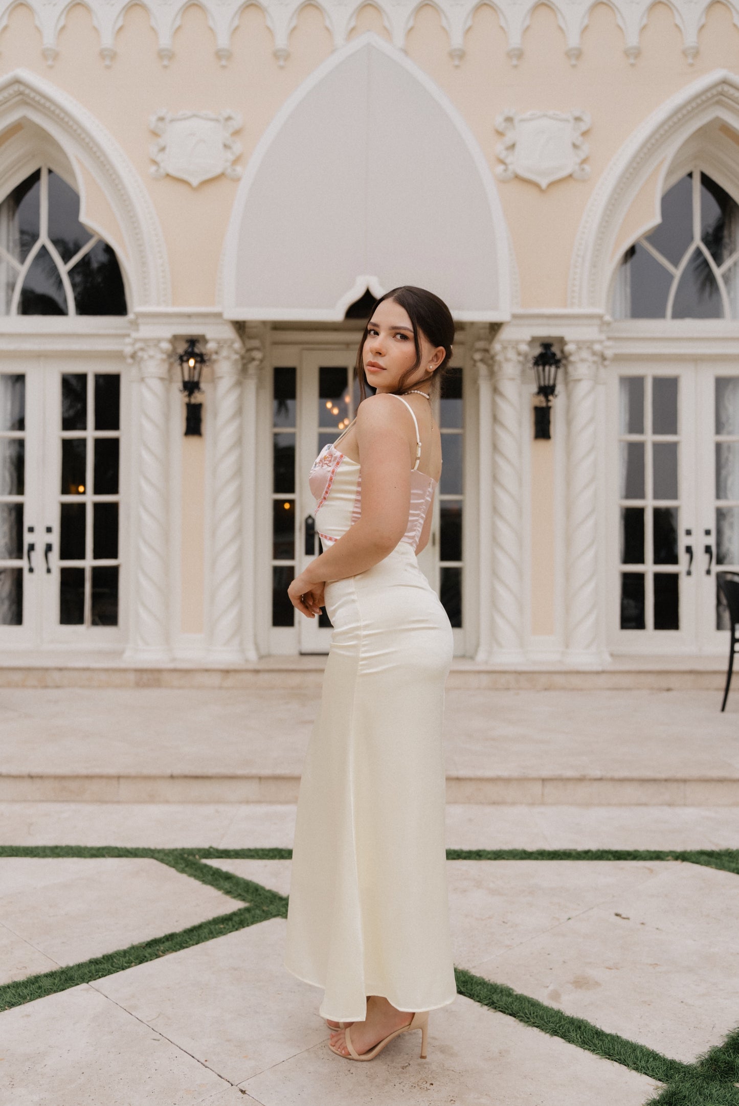 Ivory Silk Dress with Pink Embroidered Bust - House of Tsarivna