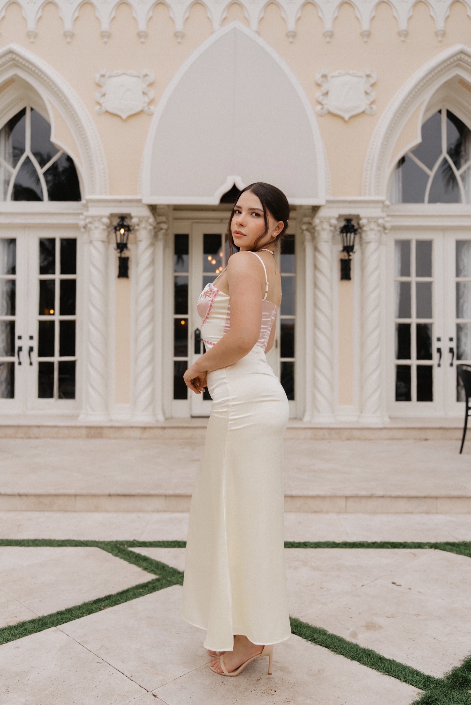 Ivory Silk Dress with Pink Embroidered Bust - House of Tsarivna