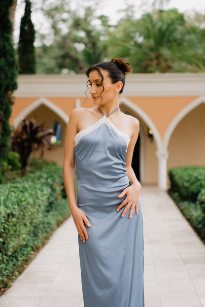 Powder Blue Maxi Dress with Lace Accent - House of Tsarivna